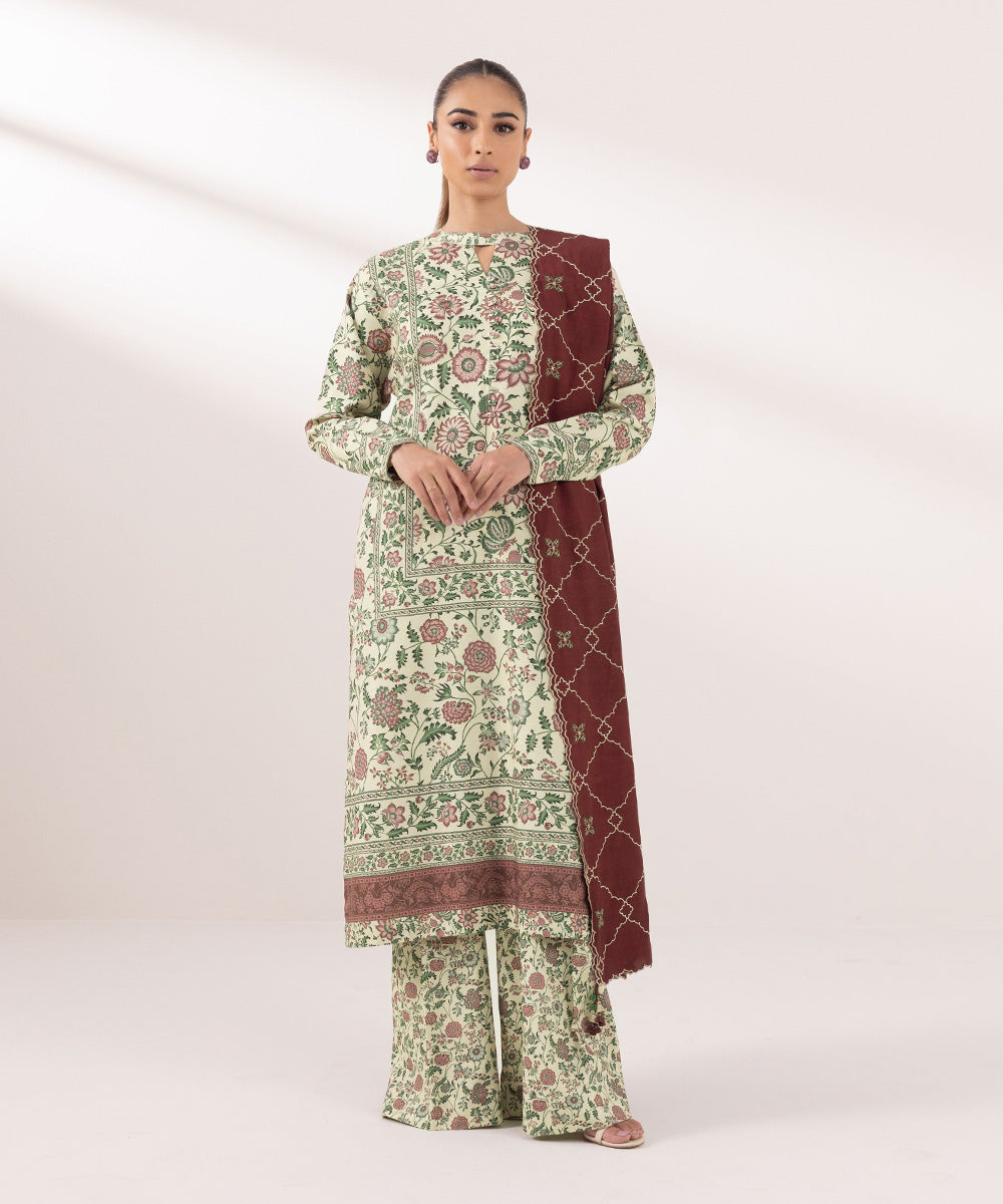 Women's Unstitched Dull Raw Silk Embroidered Multi 3 Piece Suit