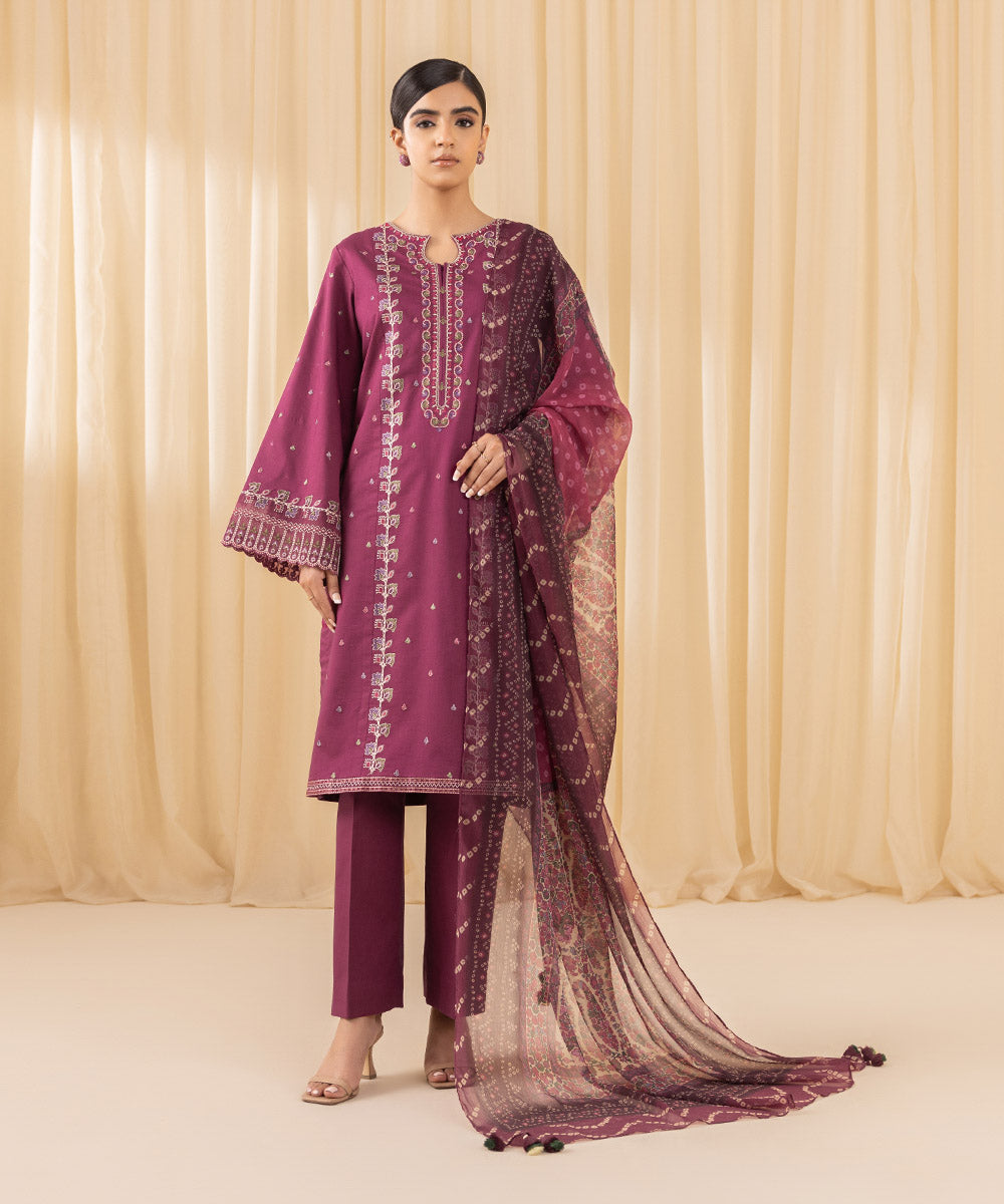 Women's Unstitched Embroidered Cotton Viscose Purple 3 Piece Suit