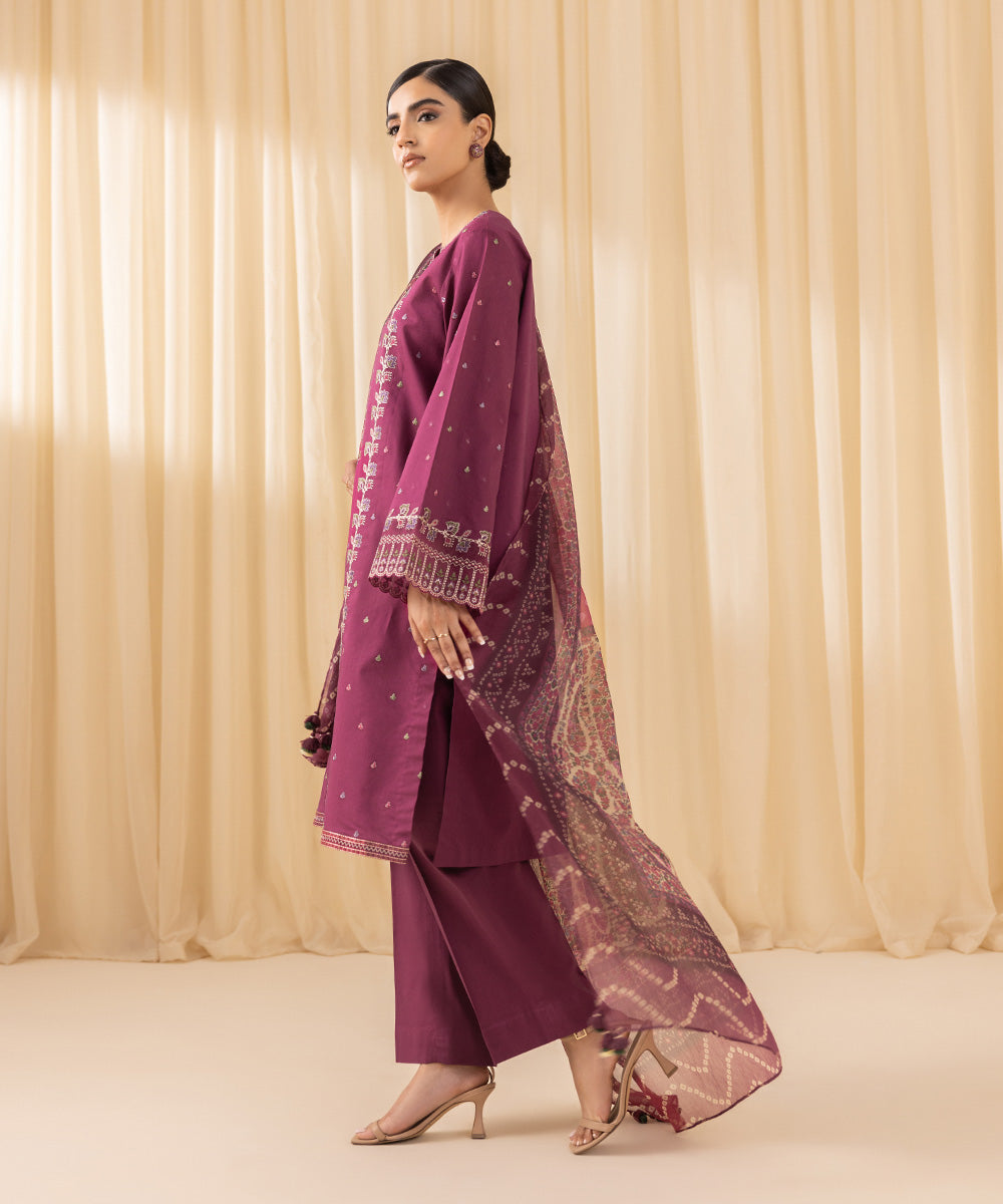 Women's Unstitched Embroidered Cotton Viscose Purple 3 Piece Suit