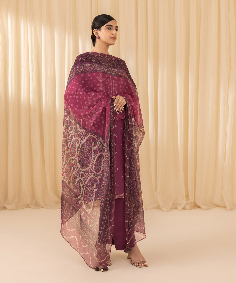 Women's Unstitched Embroidered Cotton Viscose Purple 3 Piece Suit