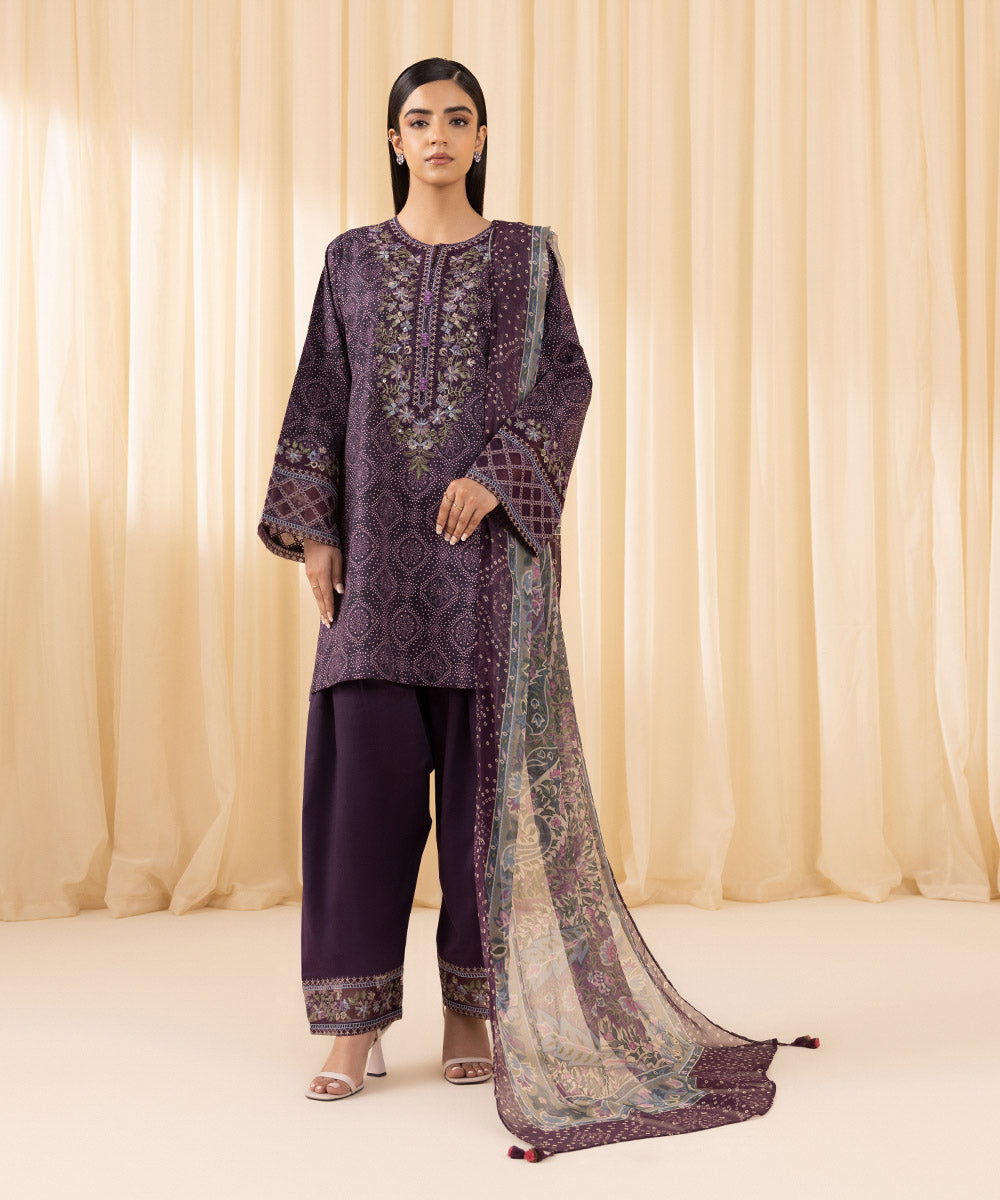 Women's Unstitched Embroidered Cotton Viscose Purple 3 Piece Suit