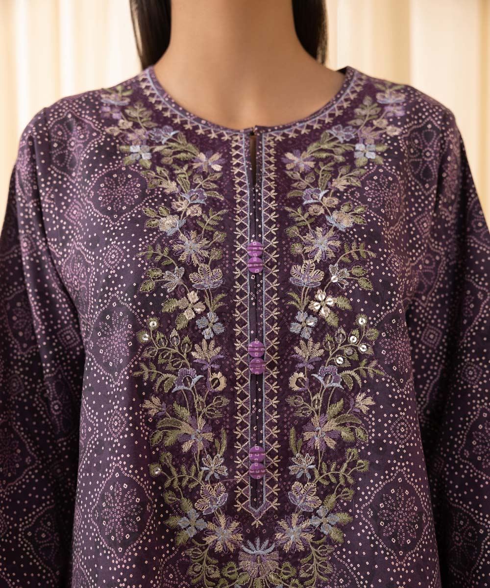 Women's Unstitched Embroidered Cotton Viscose Purple 3 Piece Suit