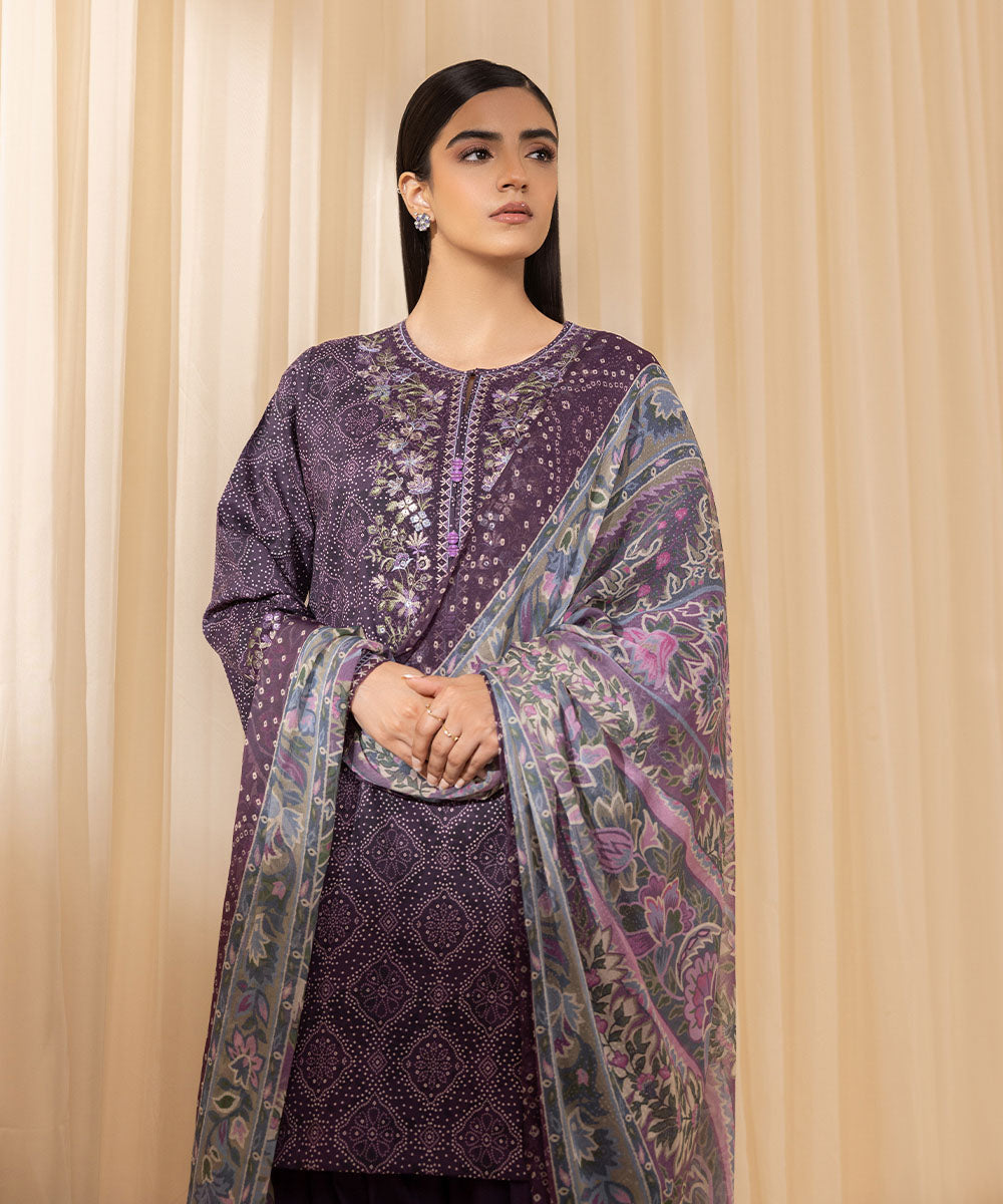 Women's Unstitched Embroidered Cotton Viscose Purple 3 Piece Suit