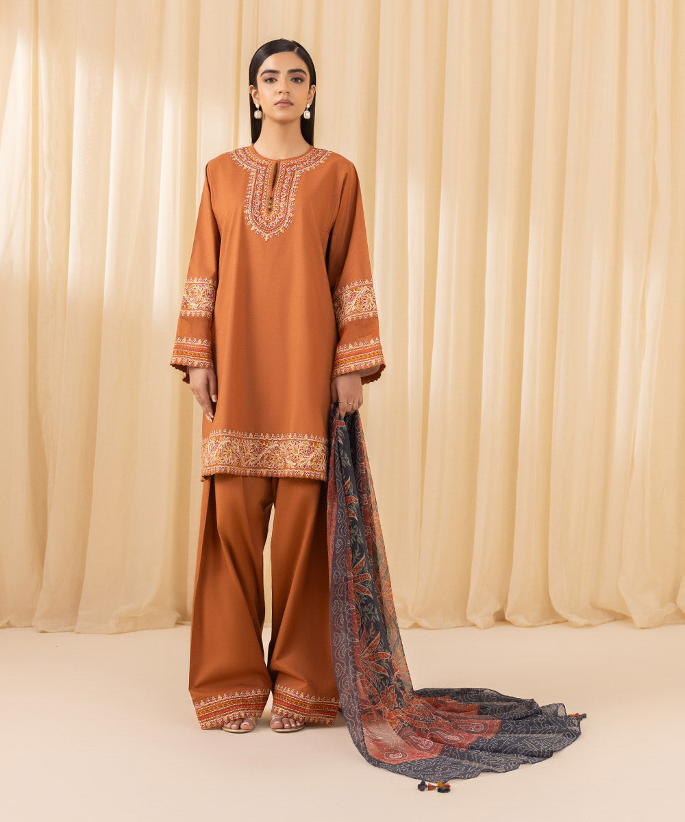 Women's Unstitched Embroidered Cross Hatch Orange 3 Piece Suit