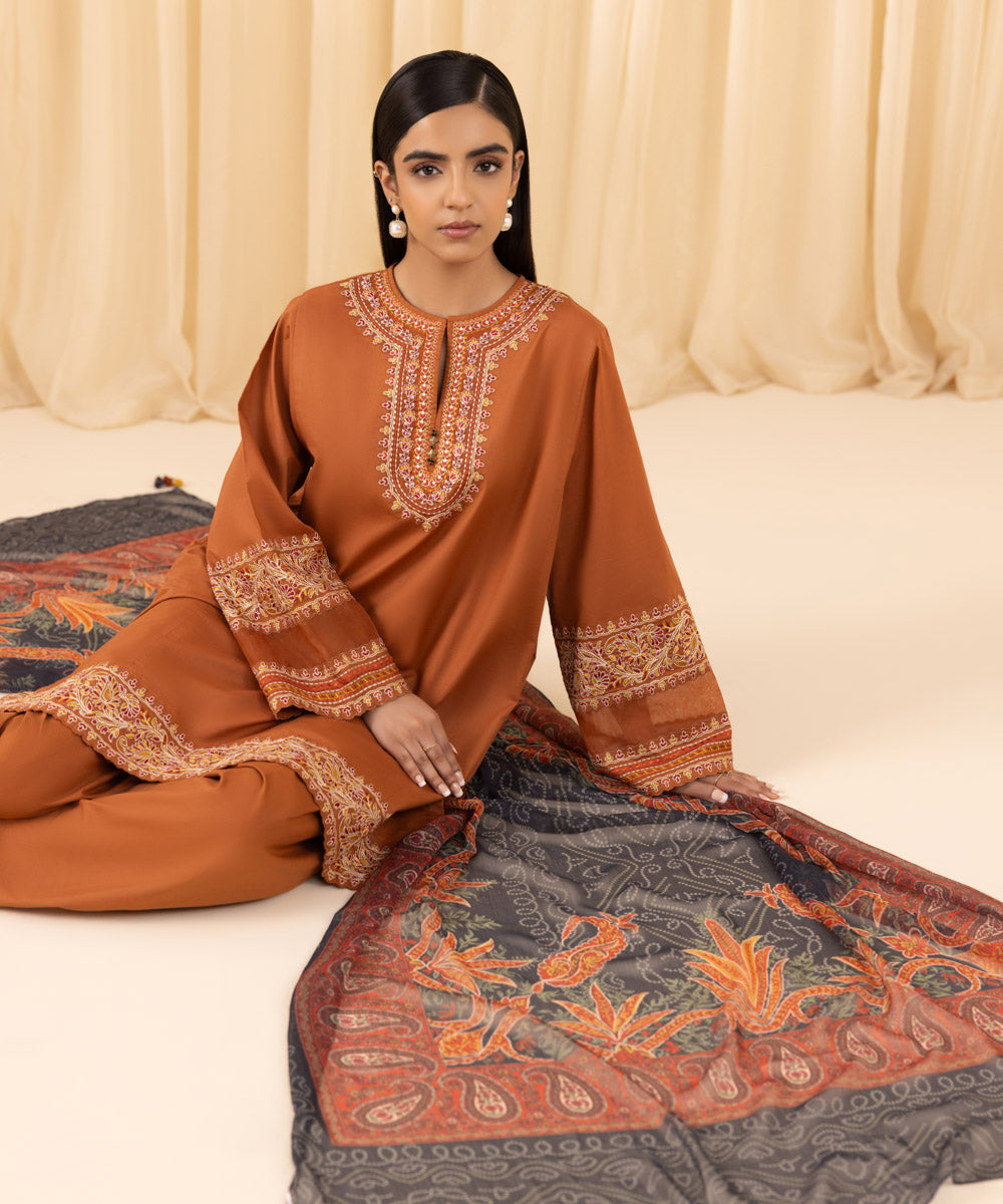 Women's Unstitched Embroidered Cross Hatch Orange 3 Piece Suit