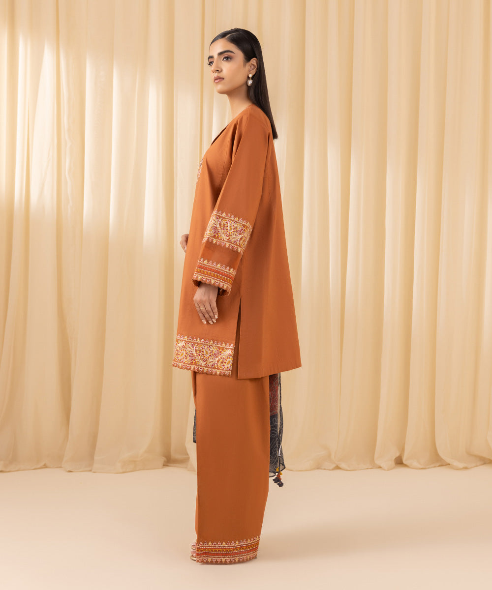 Women's Unstitched Embroidered Cross Hatch Orange 3 Piece Suit