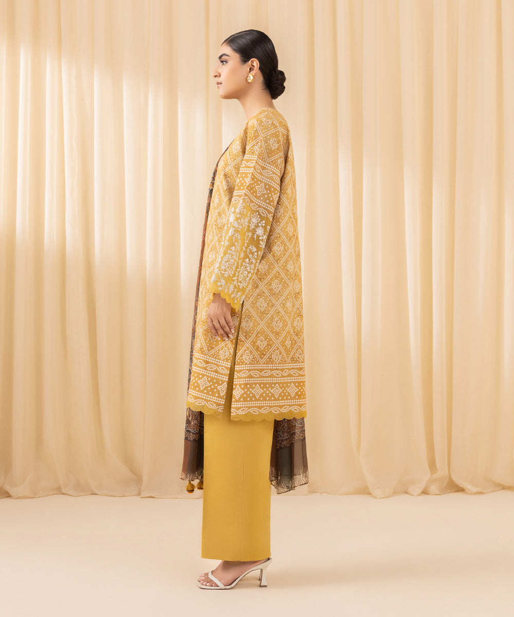 Women's Unstitched Embroidered Cotton Viscose Yellow 3 Piece Suit