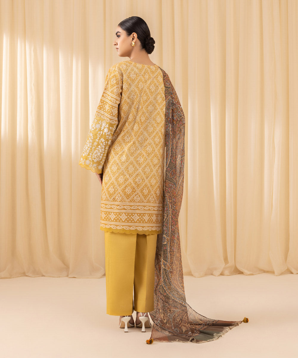 Women's Unstitched Embroidered Cotton Viscose Yellow 3 Piece Suit