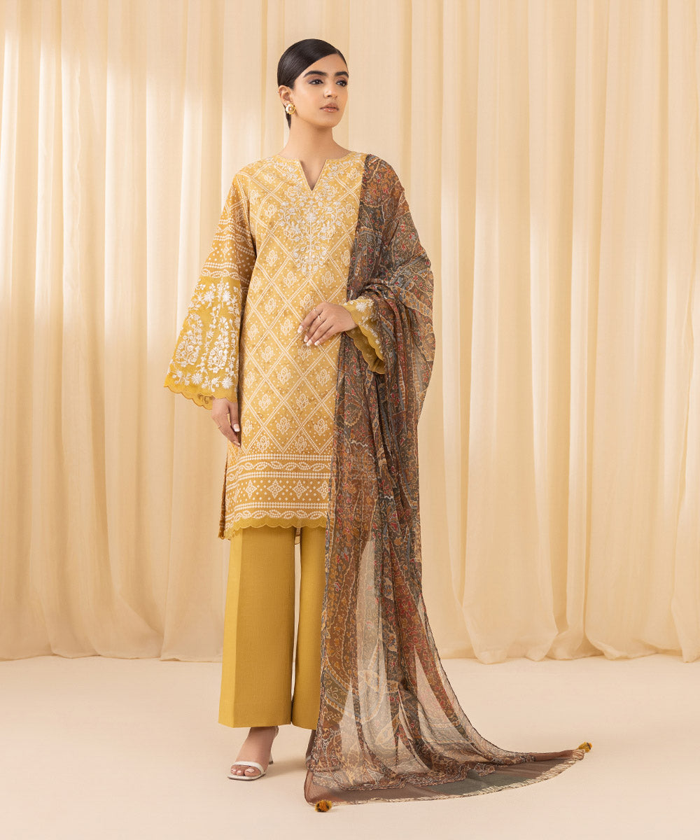 Women's Unstitched Embroidered Cotton Viscose Yellow 3 Piece Suit