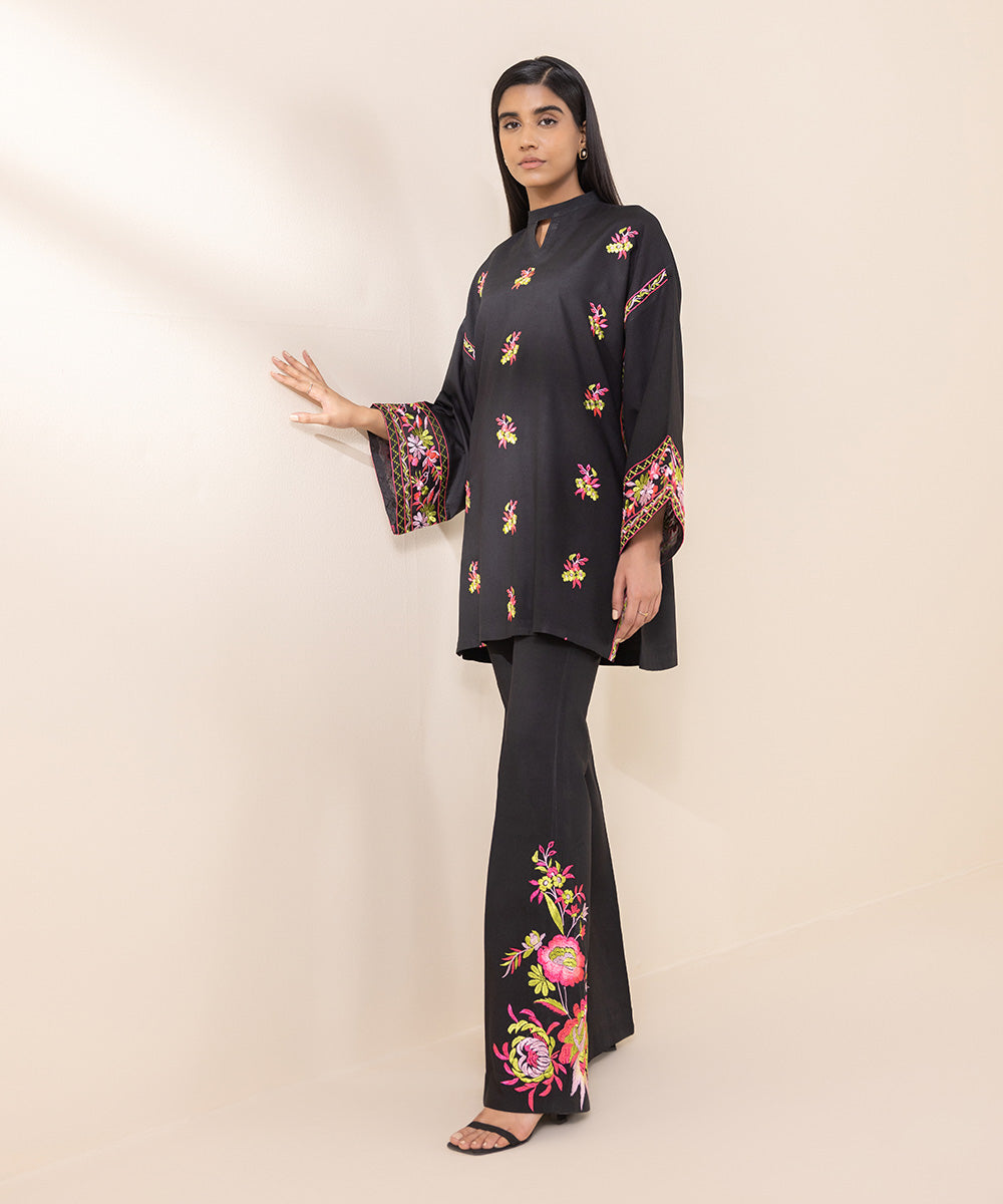 Women's Unstitched Linen Embroidered Black 2 Piece Suit