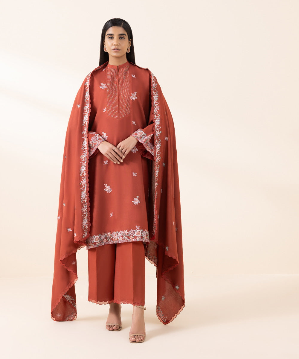 Women's Unstitched Linen Embroidered Red 3 Piece Suit