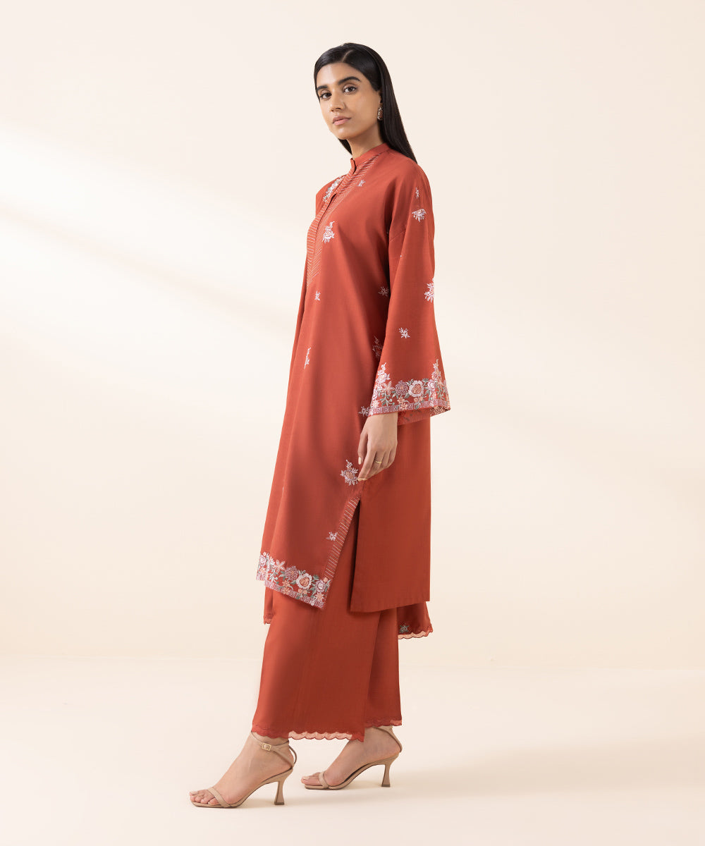 Women's Unstitched Linen Embroidered Red 3 Piece Suit