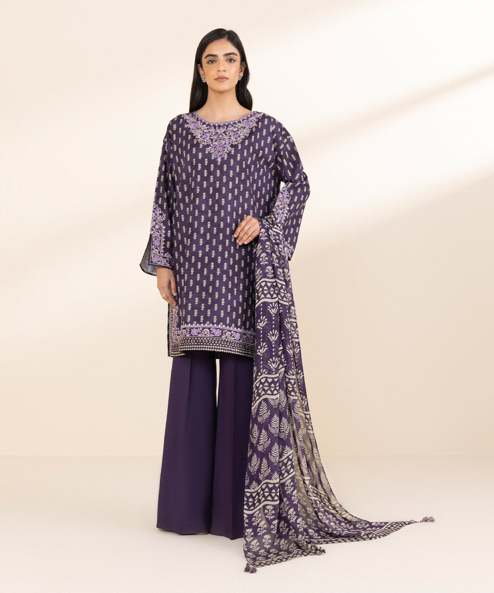 Women's Unstitched Lawn Embroidered Purple 3 Piece Suit