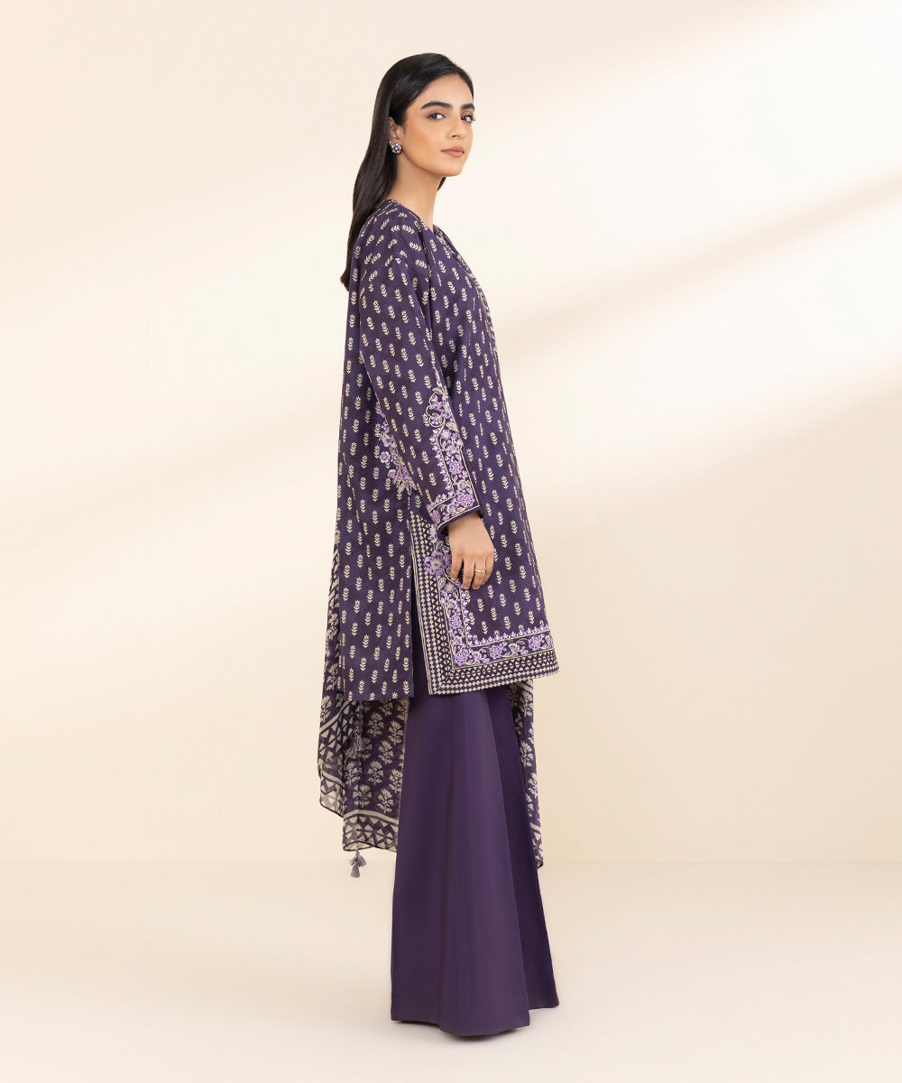 Women's Unstitched Lawn Embroidered Purple 3 Piece Suit