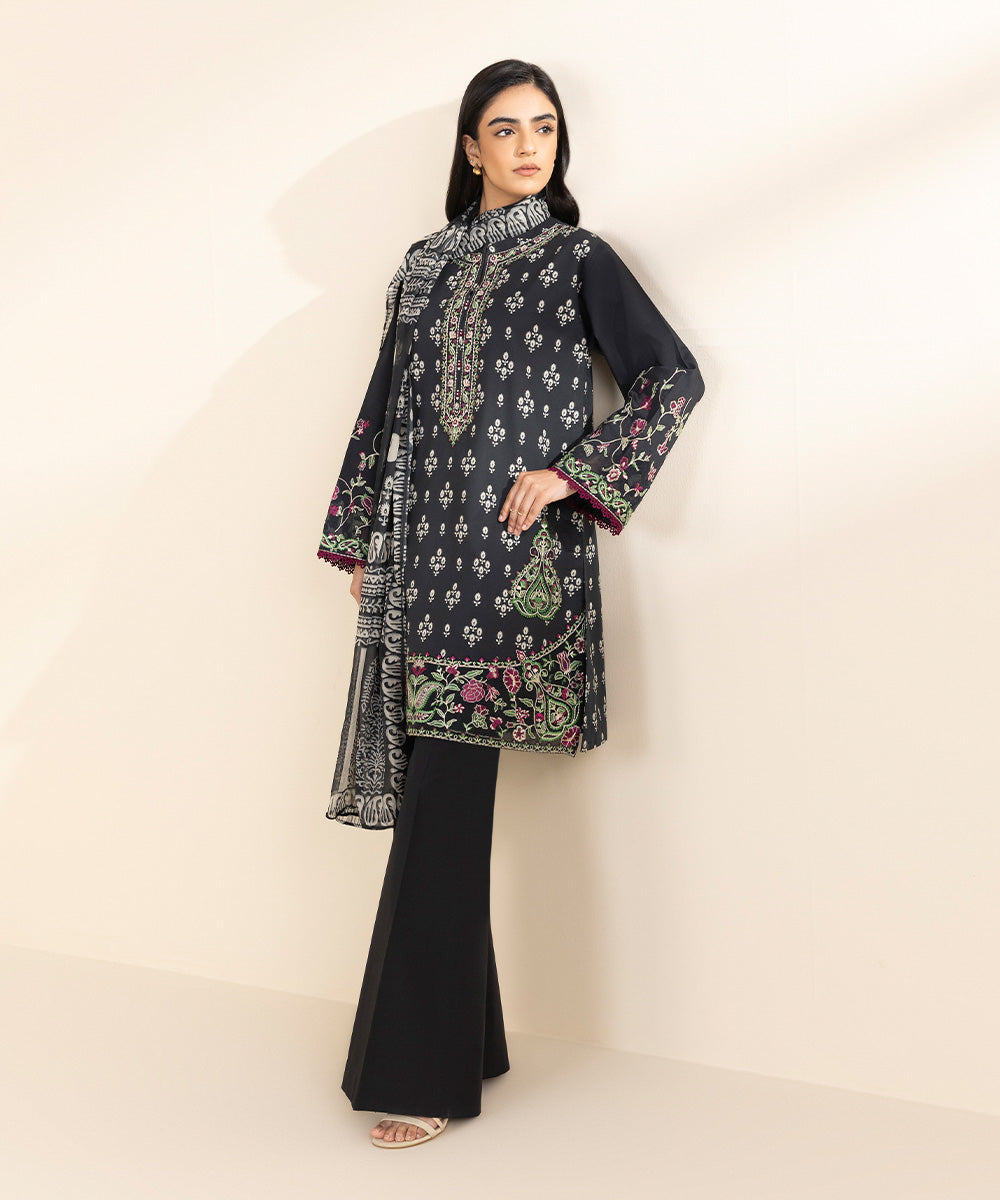 Women's Unstitched Lawn Embroidered Black 3 Piece Suit