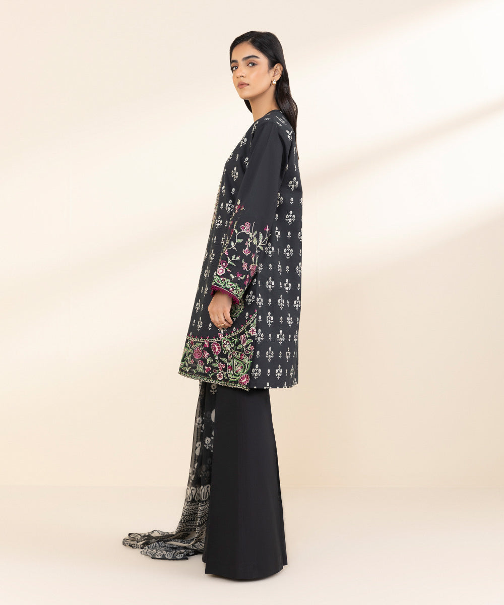 Women's Unstitched Lawn Embroidered Black 3 Piece Suit