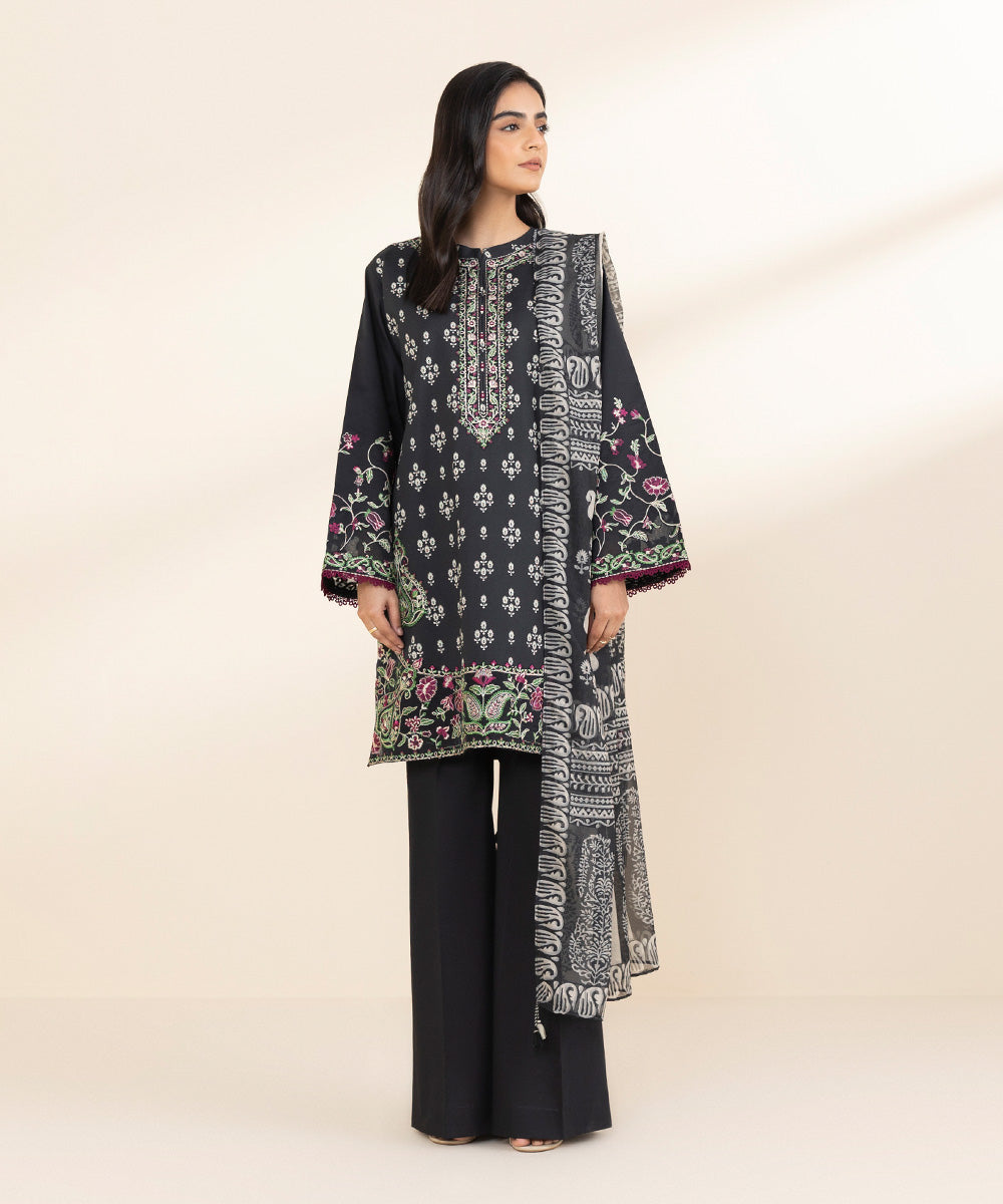 Women's Unstitched Lawn Embroidered Black 3 Piece Suit