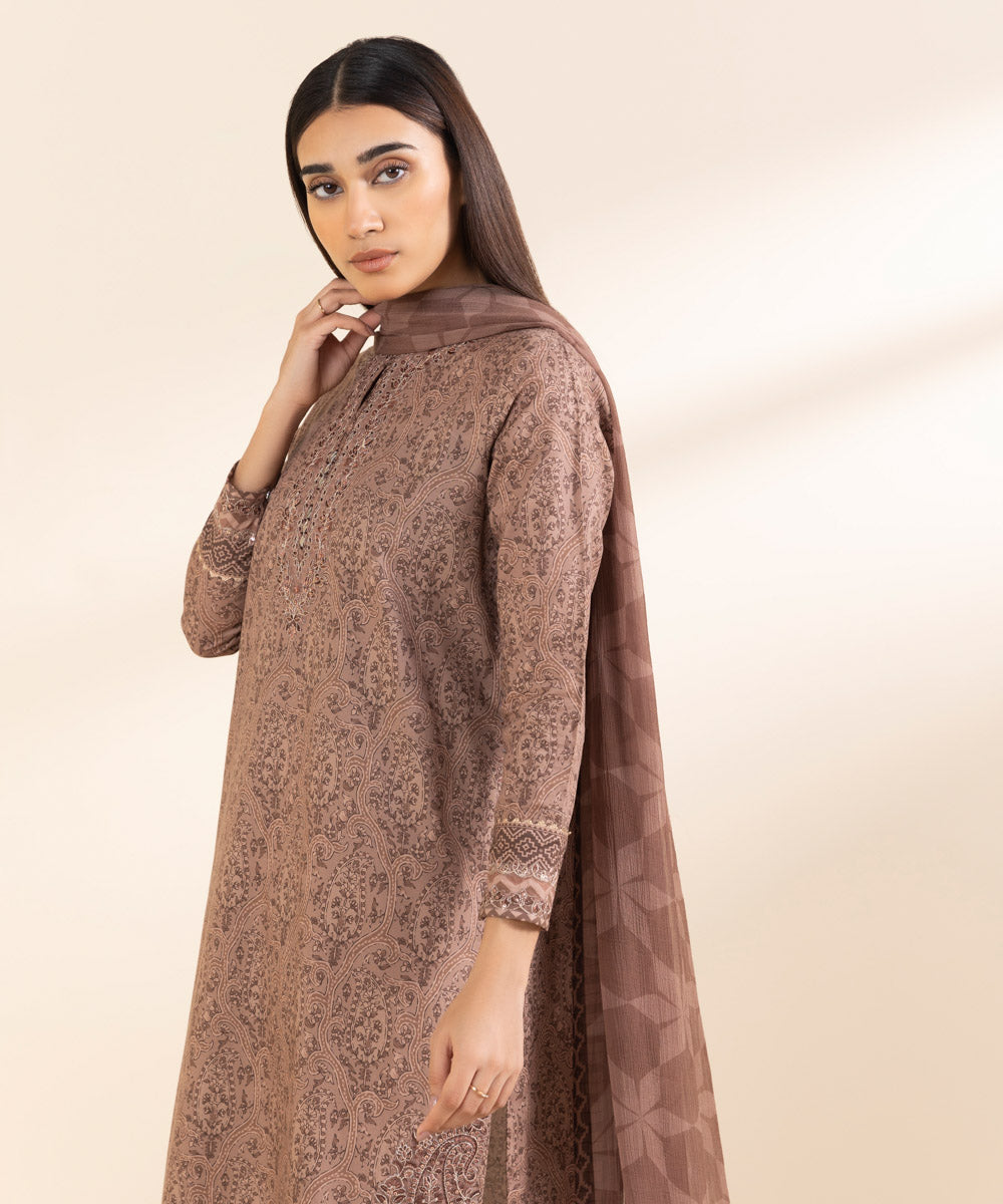 Unstitched Women's Embroidered Lawn Brown Three Piece Suit 