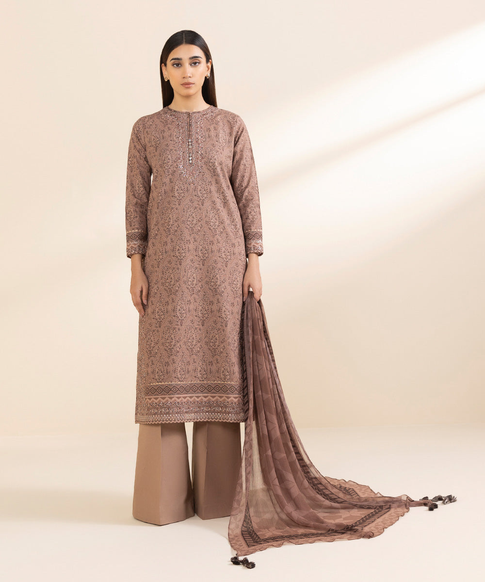 Unstitched Women's Embroidered Lawn Brown Three Piece Suit 