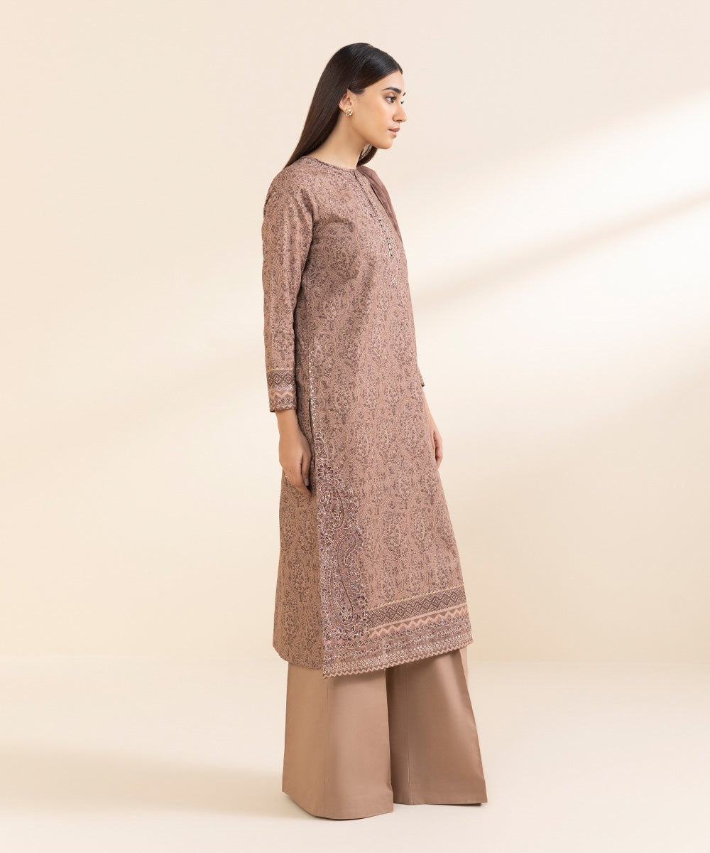 Unstitched Women's Embroidered Lawn Brown Three Piece Suit 
