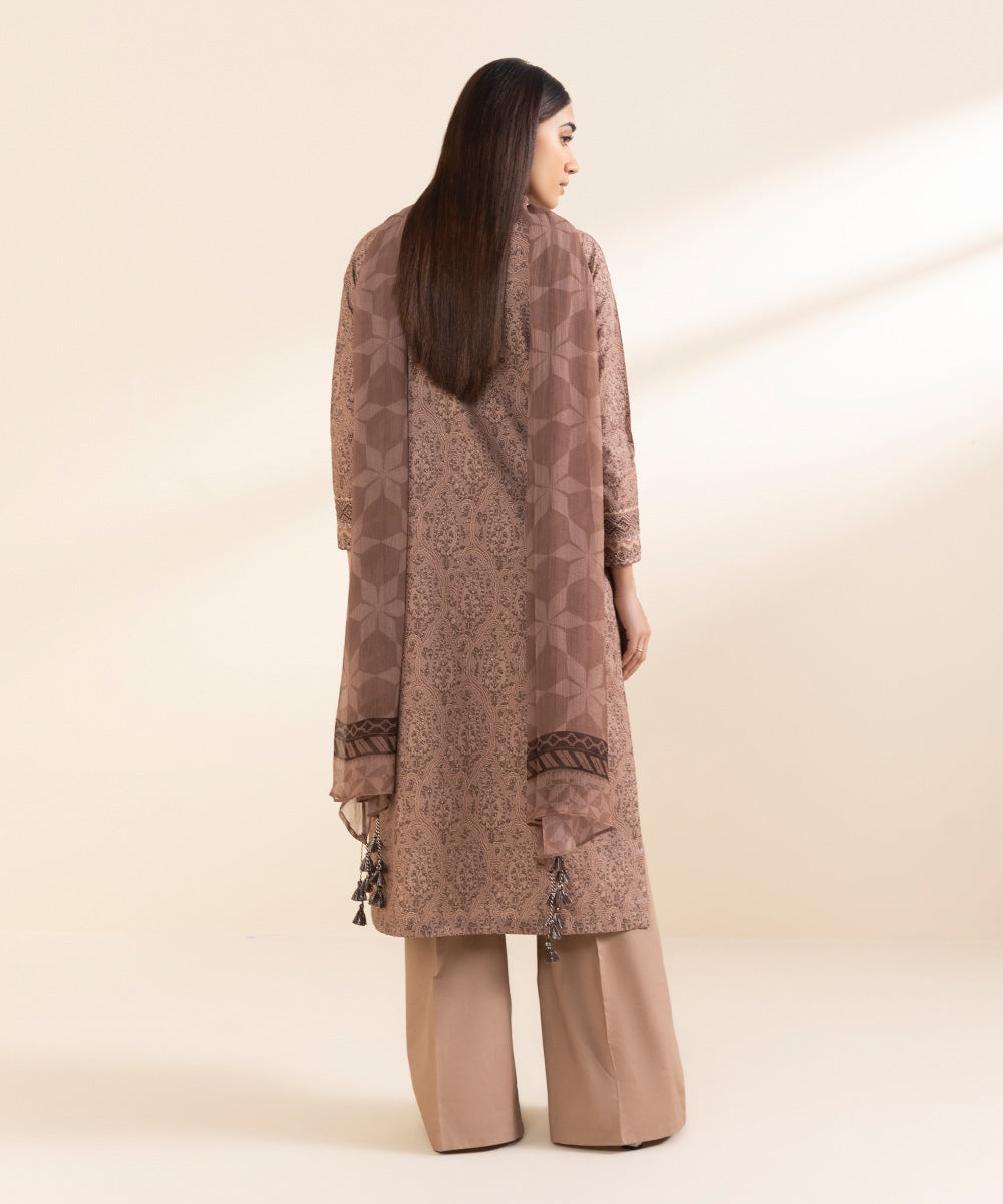 Unstitched Women's Embroidered Lawn Brown Three Piece Suit 