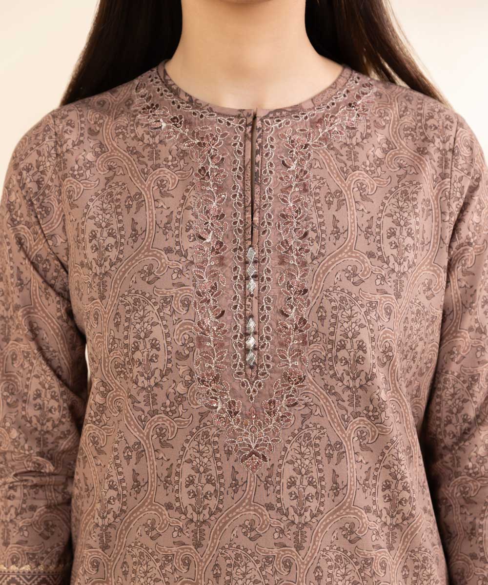 Unstitched Women's Embroidered Lawn Brown Three Piece Suit 