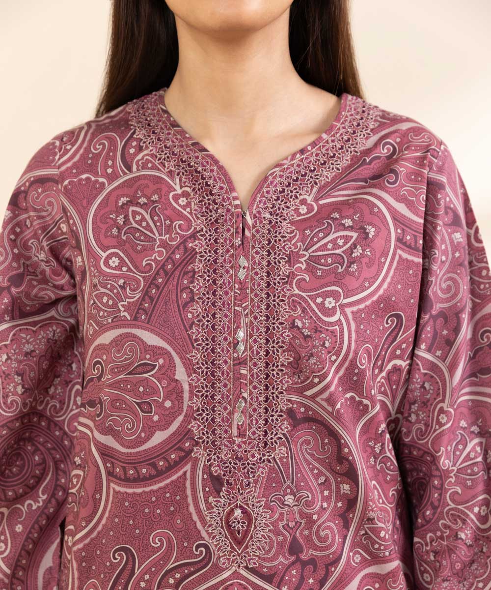 Unstitched Women's Embroidered Lawn Pink Three Piece Suit 