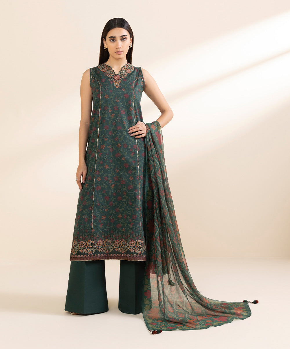 Unstitched Women's Embroidered Lawn Green Three Piece Suit 