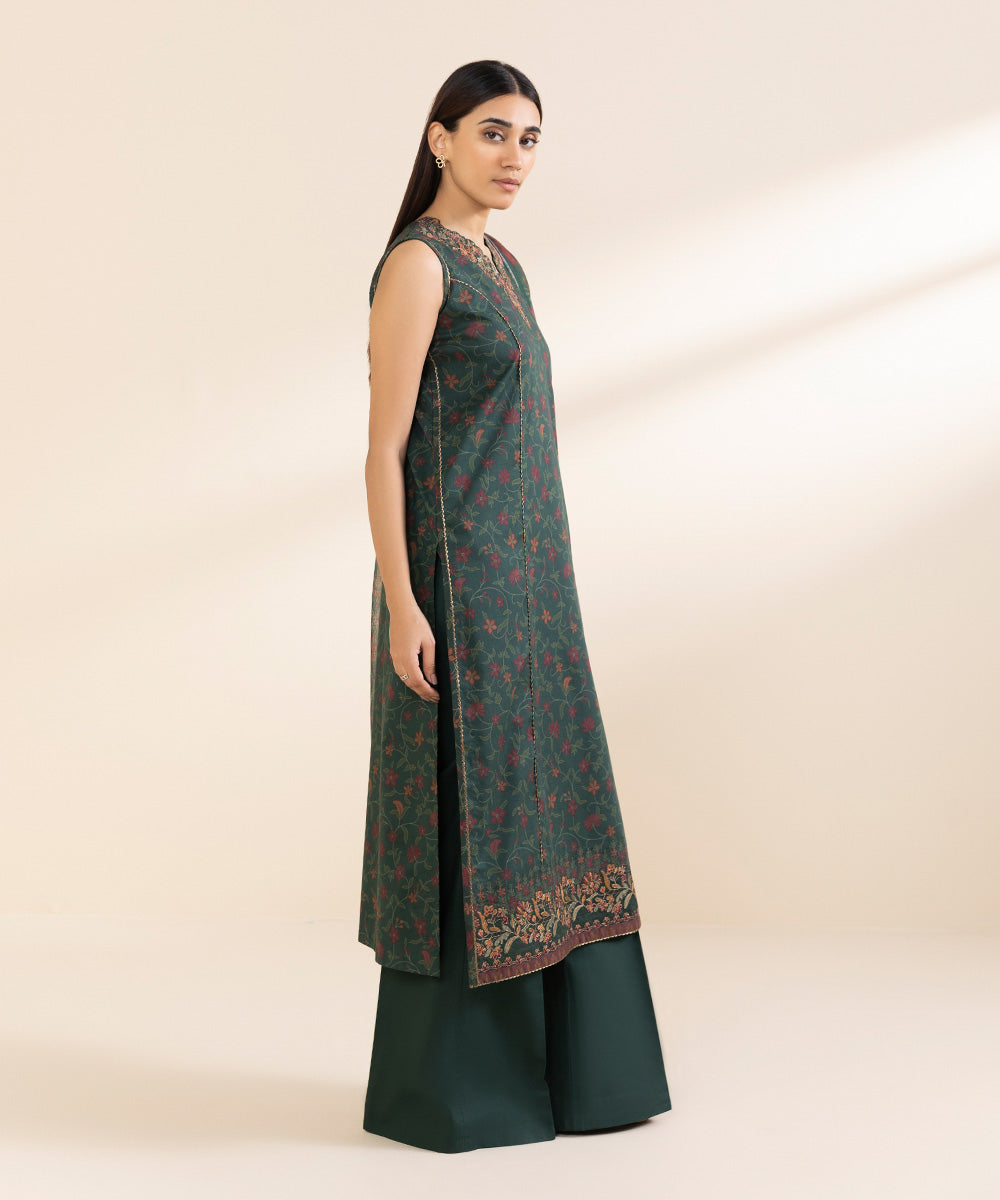 Unstitched Women's Embroidered Lawn Green Three Piece Suit 