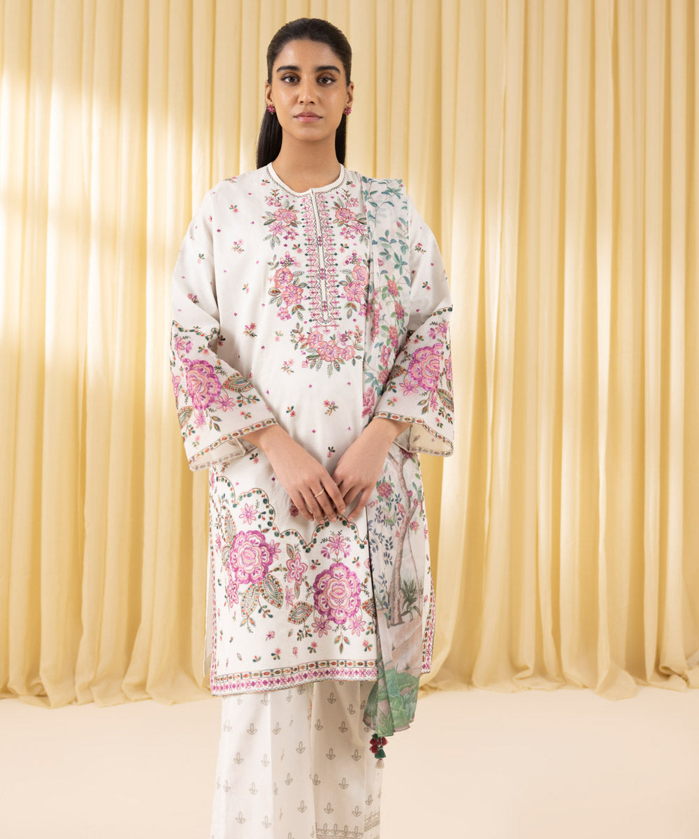 Unstitched Women's Off White Textured Lawn 3 Piece Suit