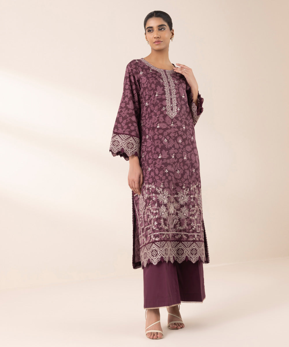 Women's RTW Cotton Satin Purple Embroidered A-Line Shirt