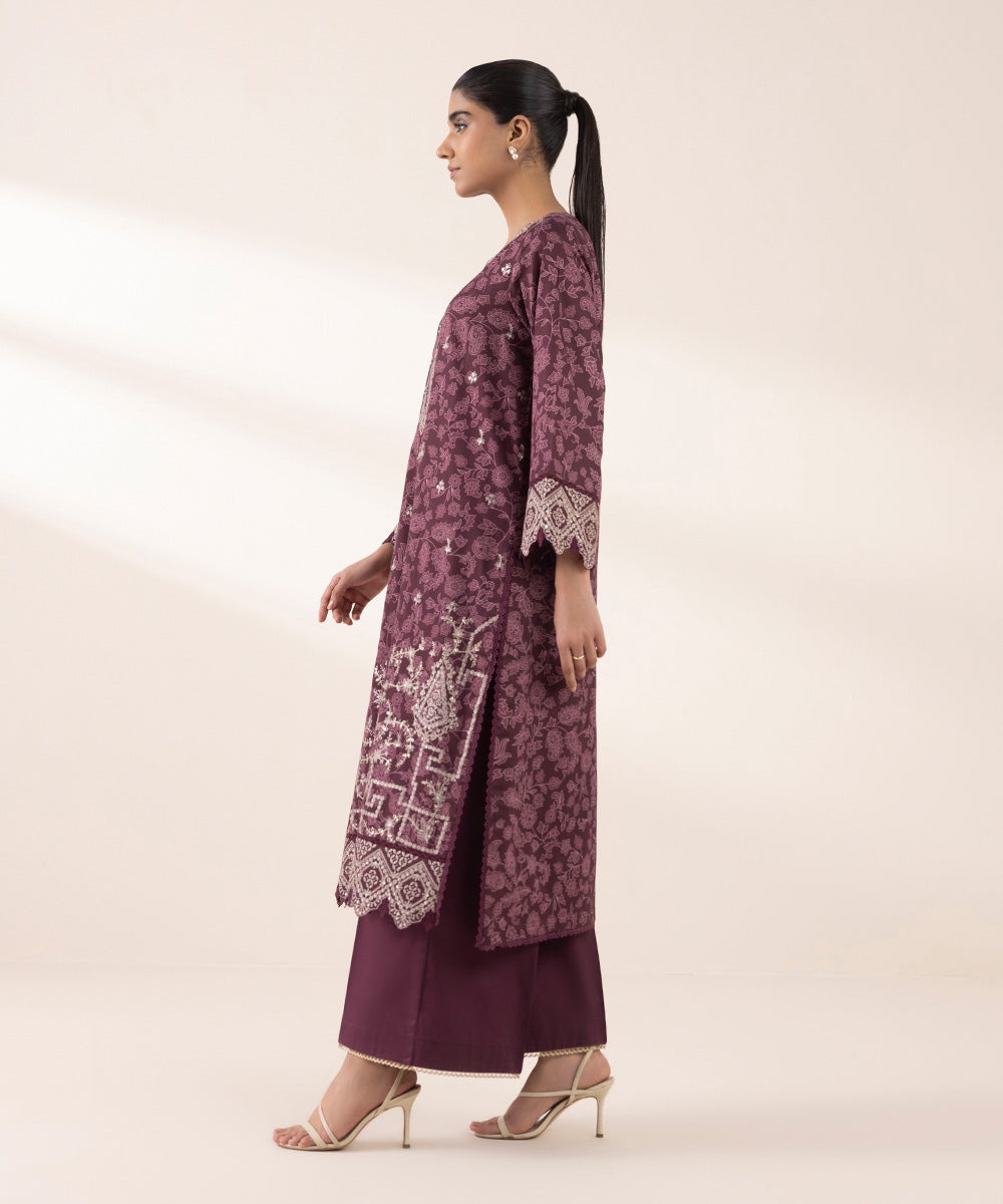 Women's RTW Cotton Satin Purple Embroidered A-Line Shirt