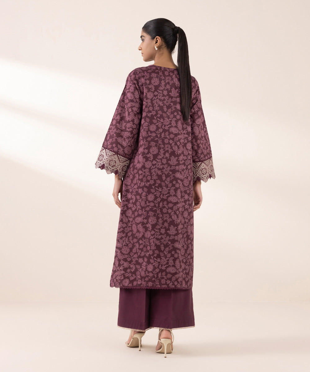 Women's RTW Cotton Satin Purple Embroidered A-Line Shirt
