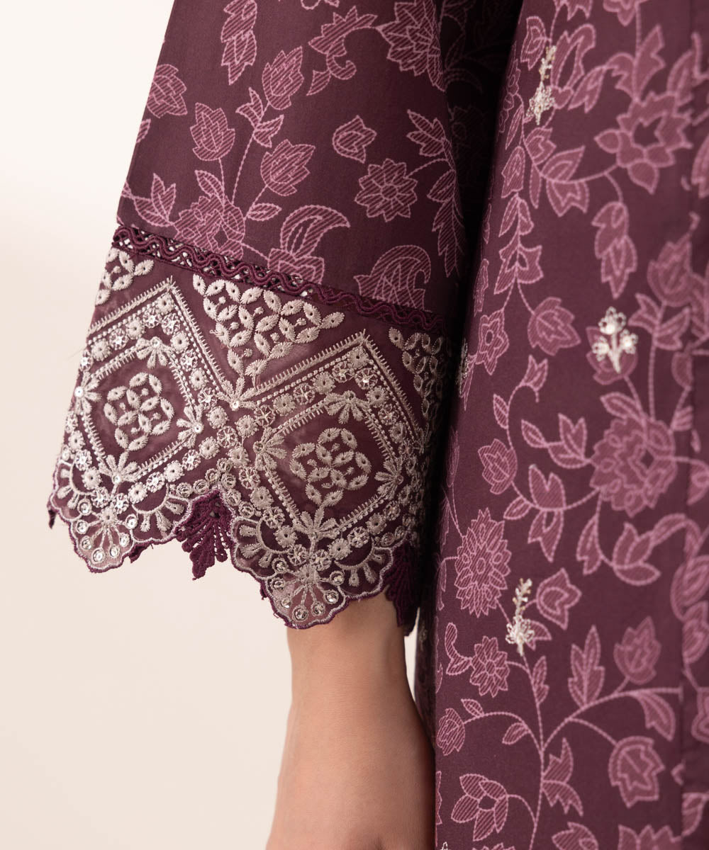 Women's RTW Cotton Satin Purple Embroidered A-Line Shirt