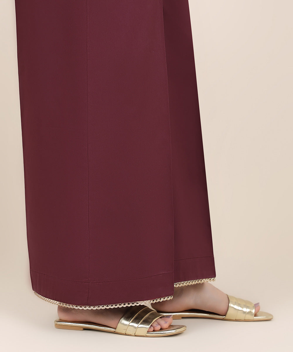 Women's RTW Cotton Satin Red Solid Flared Pants