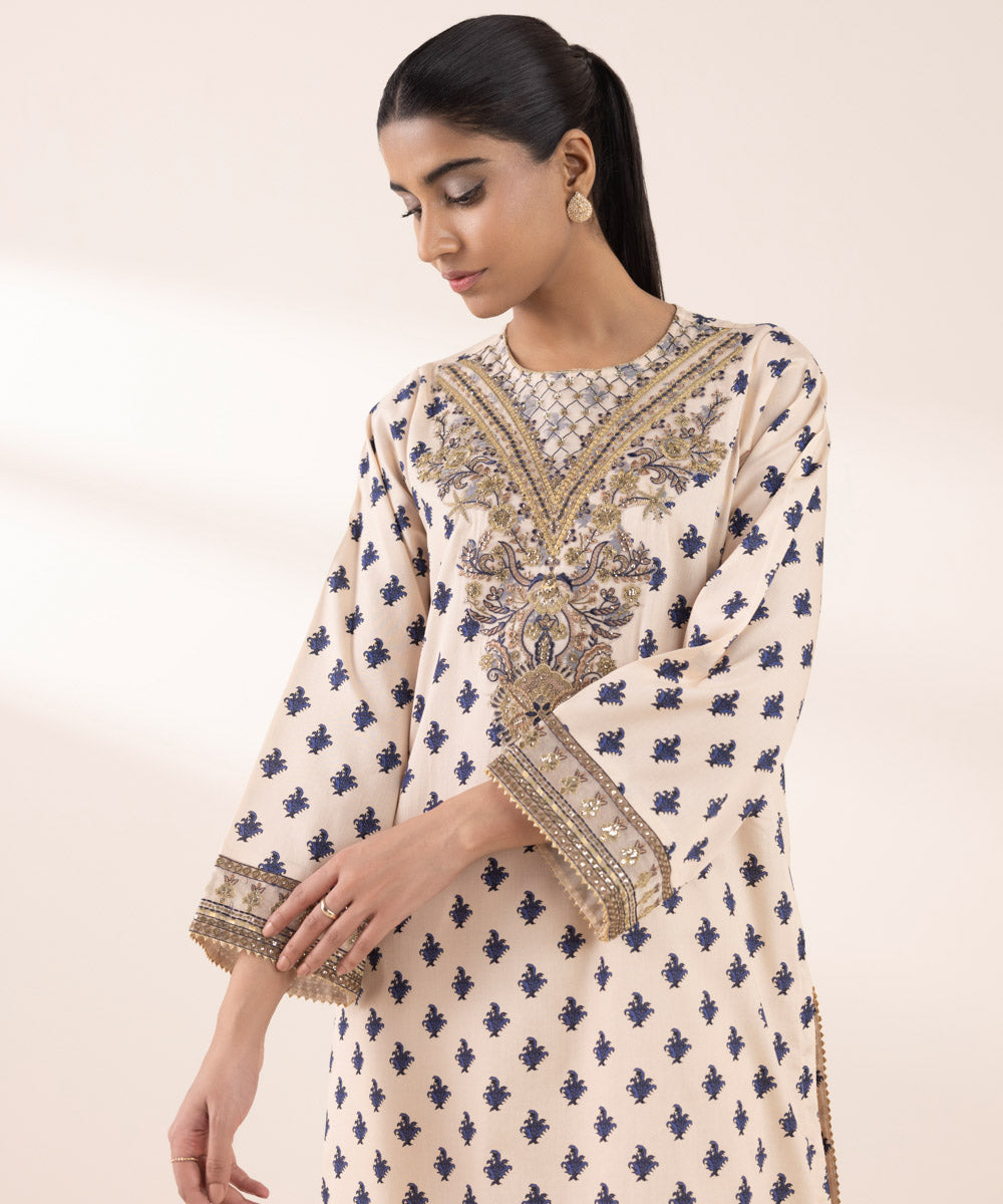 Women's RTW Cotton Satin Beige Embroidered A-Line Shirt