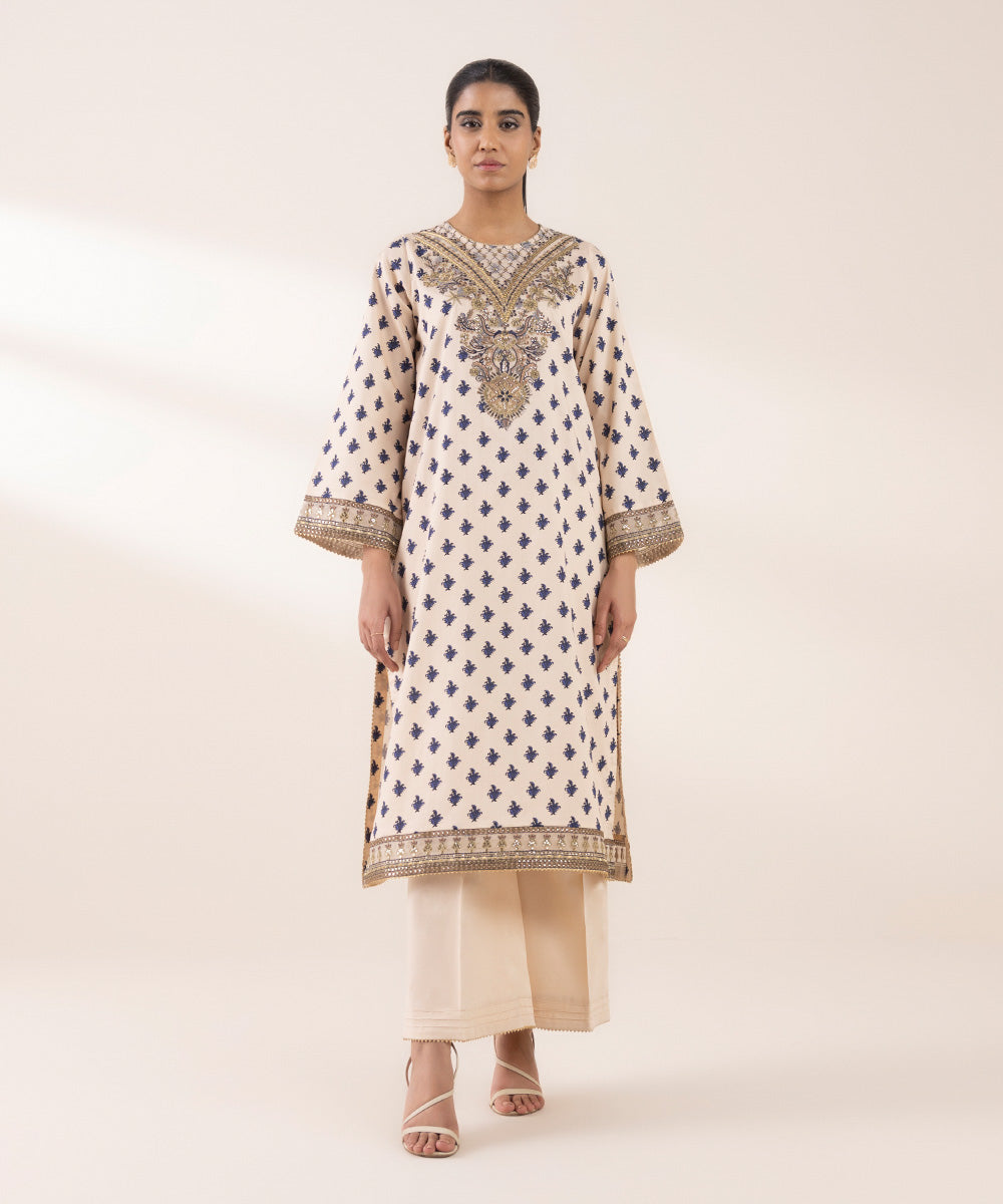 Women's RTW Cotton Satin Beige Embroidered A-Line Shirt