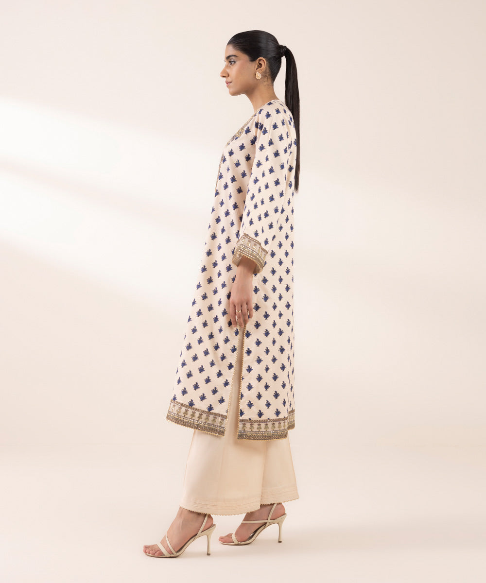 Women's RTW Cotton Satin Beige Embroidered A-Line Shirt