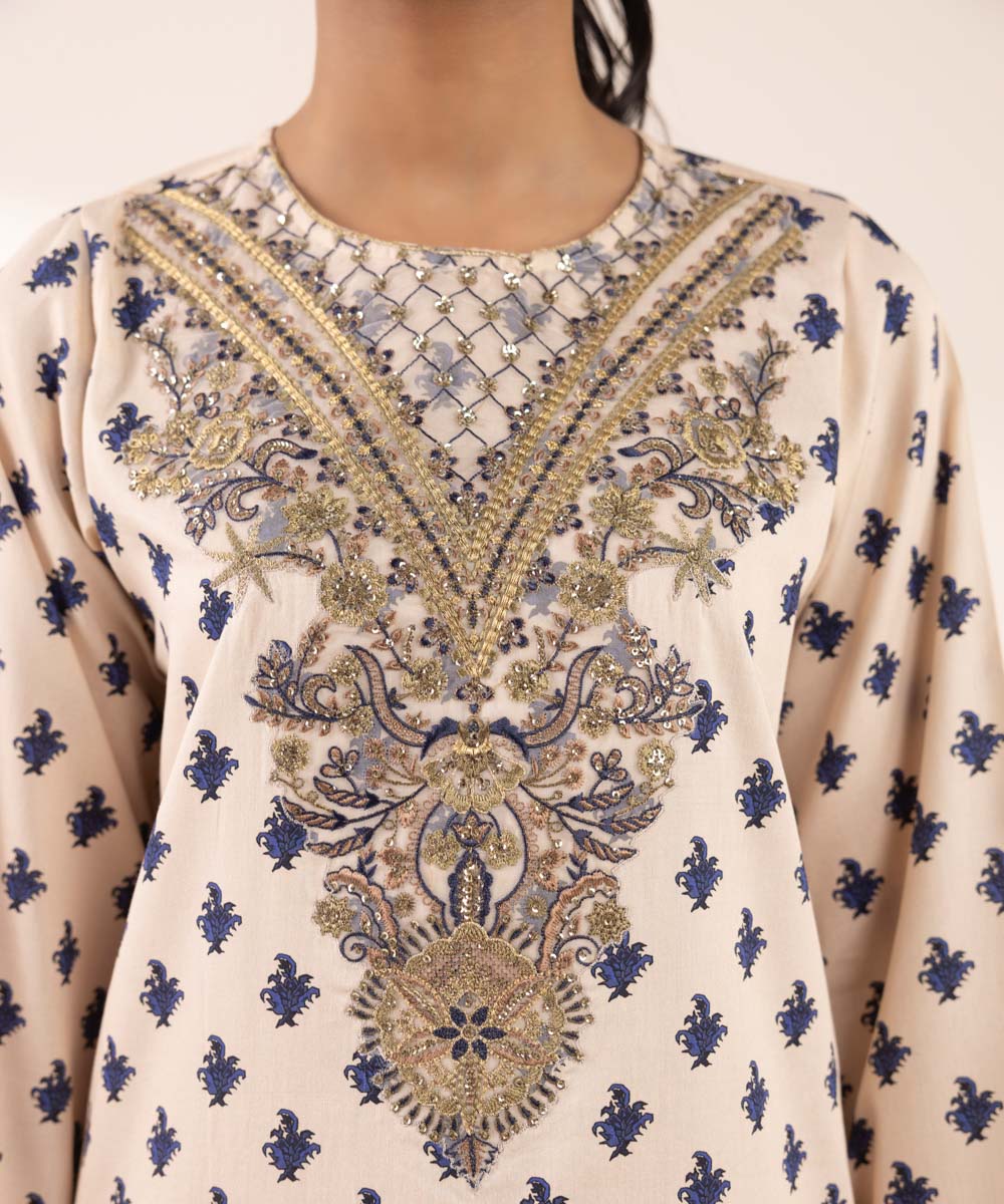 Women's RTW Cotton Satin Beige Embroidered A-Line Shirt