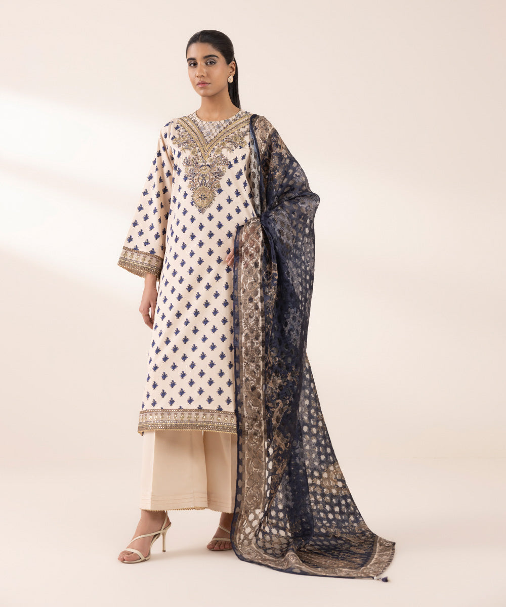 Women's RTW Cotton Satin Beige Embroidered A-Line Shirt