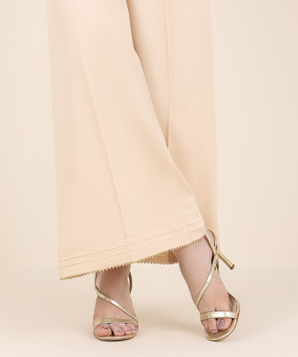 Women's RTW Cotton Satin Beige Solid Flared Pants