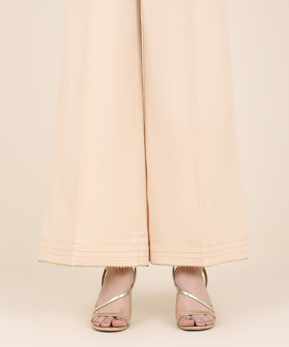 Women's RTW Cotton Satin Beige Solid Flared Pants