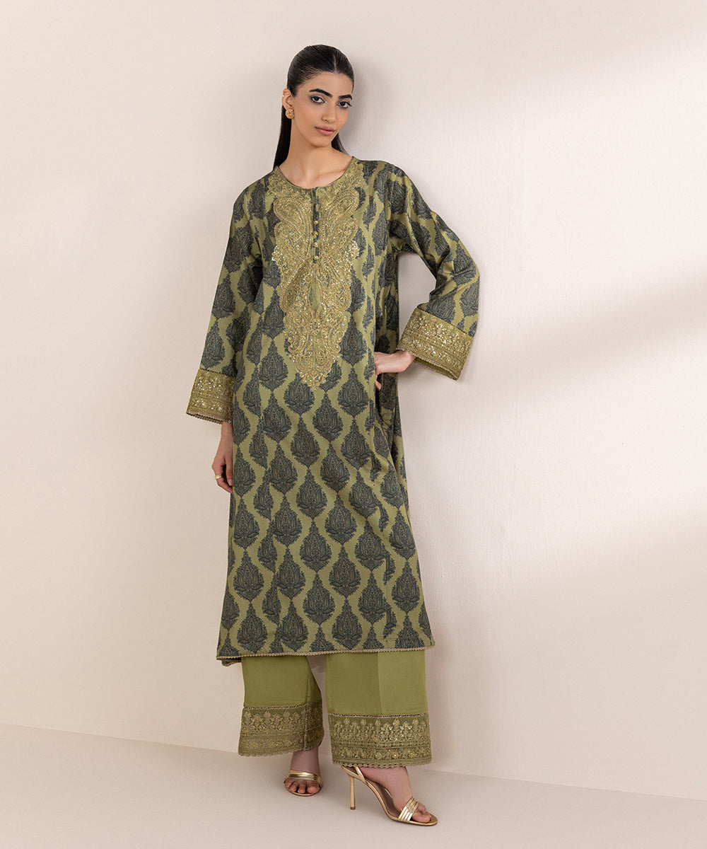Women's RTW Cotton Satin Green Embroidered A-Line Shirt