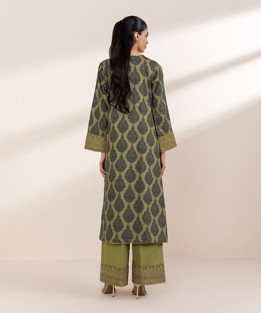 Women's RTW Cotton Satin Green Embroidered A-Line Shirt