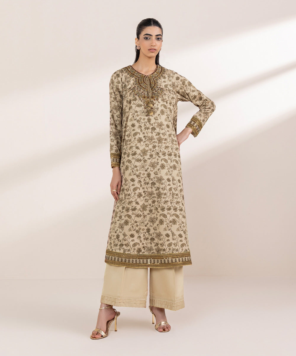Women's RTW Cotton Satin Beige Embroidered A-Line Shirt