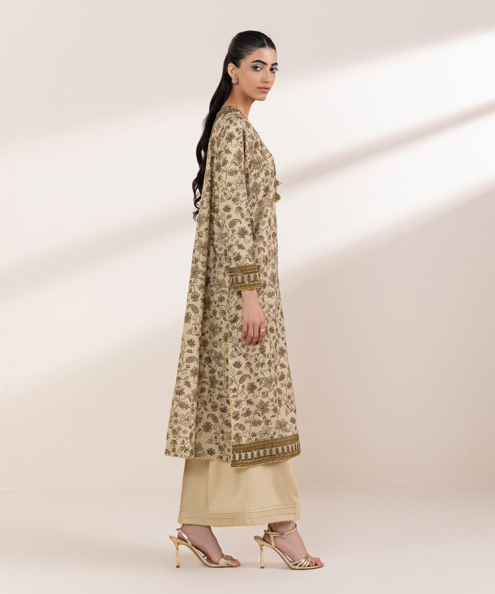 Women's RTW Cotton Satin Beige Embroidered A-Line Shirt