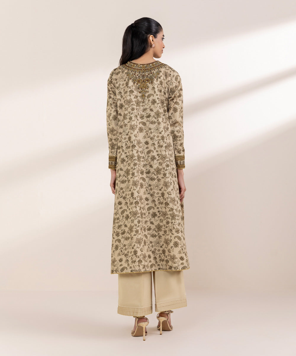 Women's RTW Cotton Satin Beige Embroidered A-Line Shirt