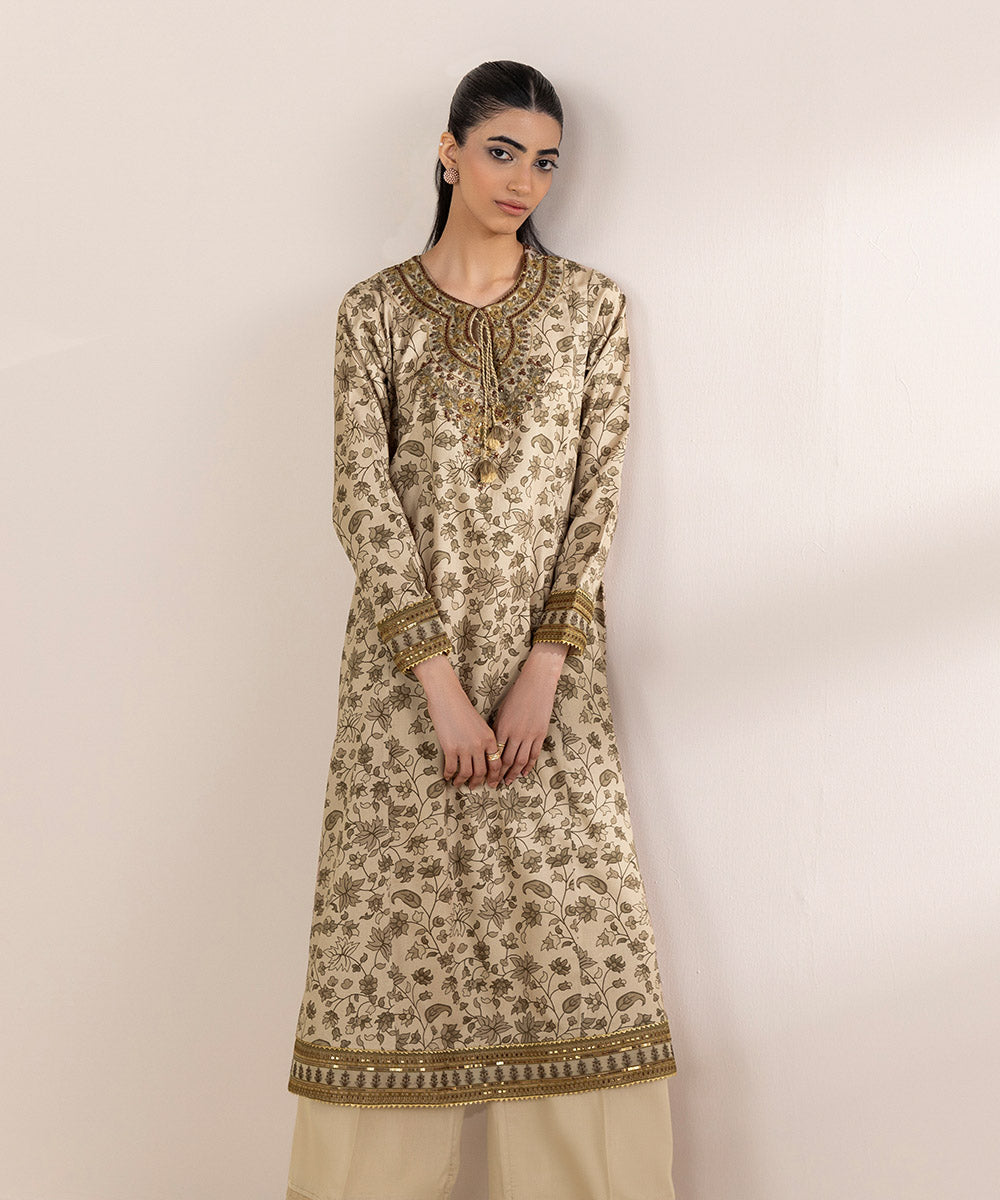 Women's RTW Cotton Satin Beige Embroidered A-Line Shirt