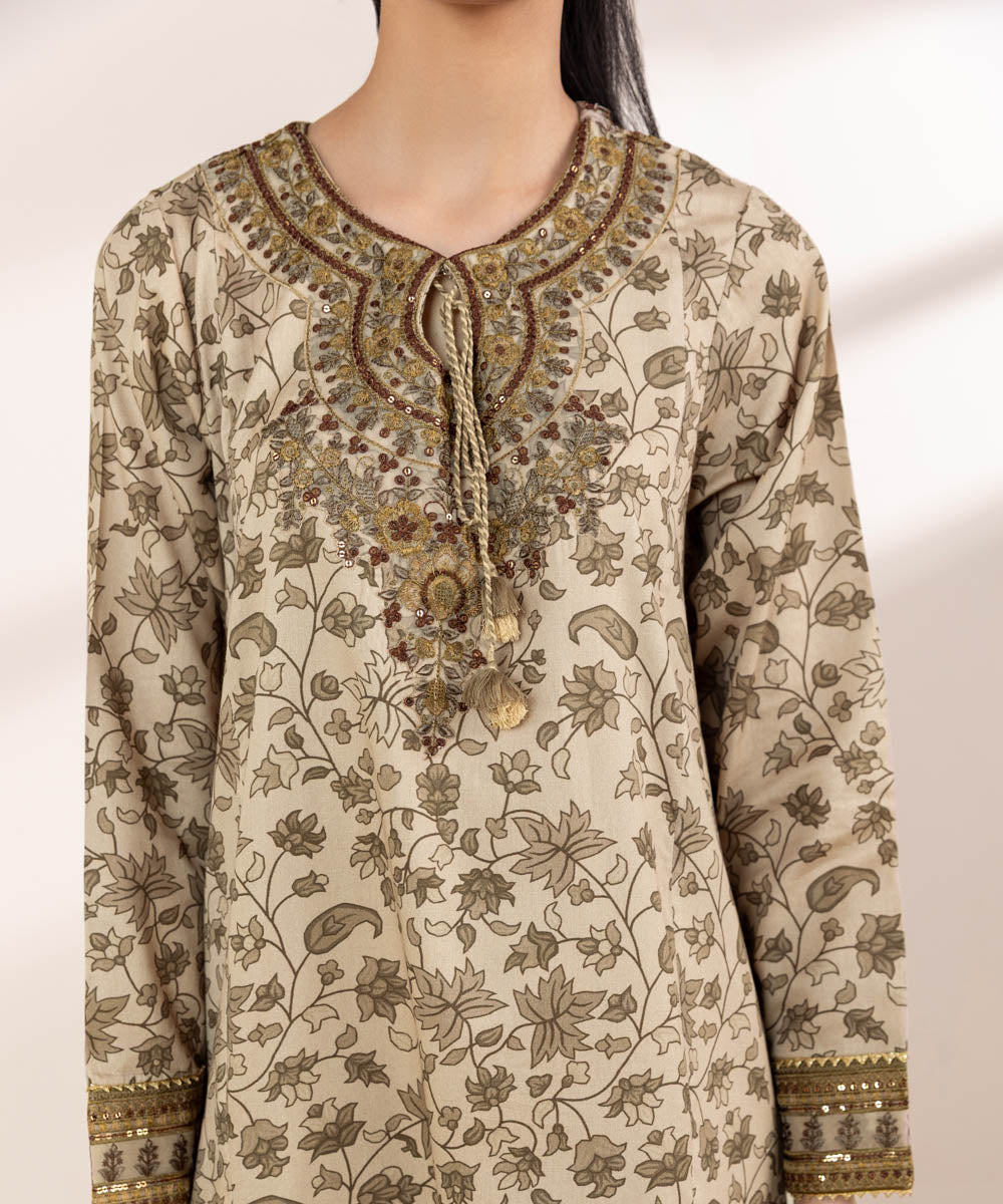 Women's RTW Cotton Satin Beige Embroidered A-Line Shirt