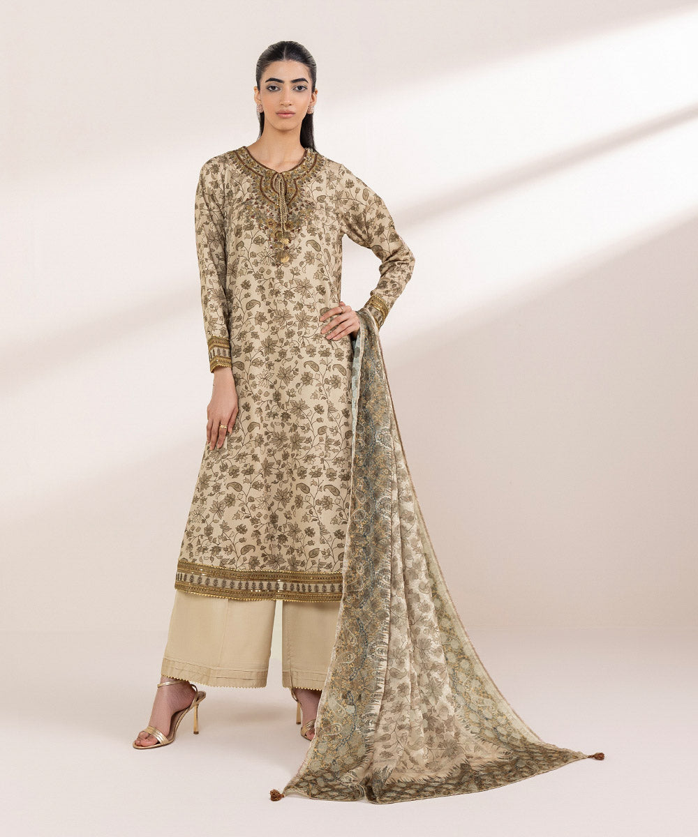 Women's RTW Cotton Satin Beige Embroidered A-Line Shirt